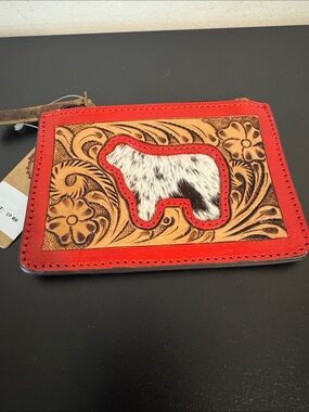 Red Tooled Leather Cowhide Accent Zip Wallet